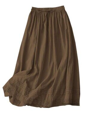 Cotton Linen Midi Skirt Lace Trim A-Line Drawstring Flowy Boho
